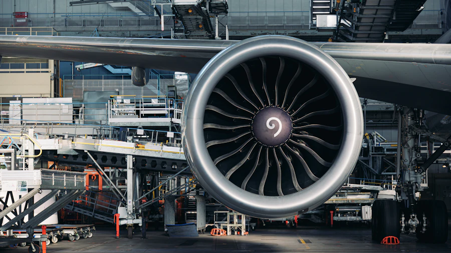 Aircraft engine inside a maintenance hangar